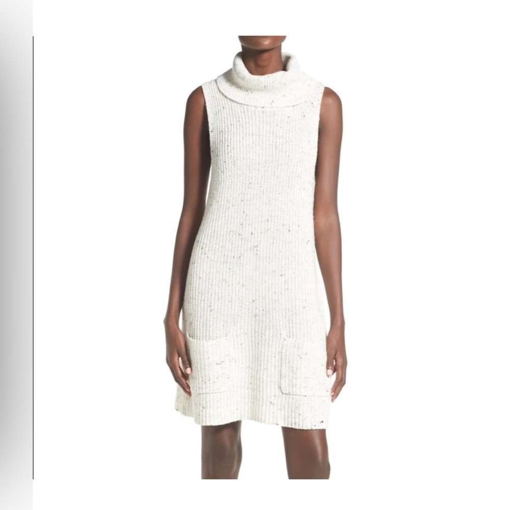 Leith women’s Cowl Neck Ivory Blue Speckled Knit Sweater Dress Wool Blend Small